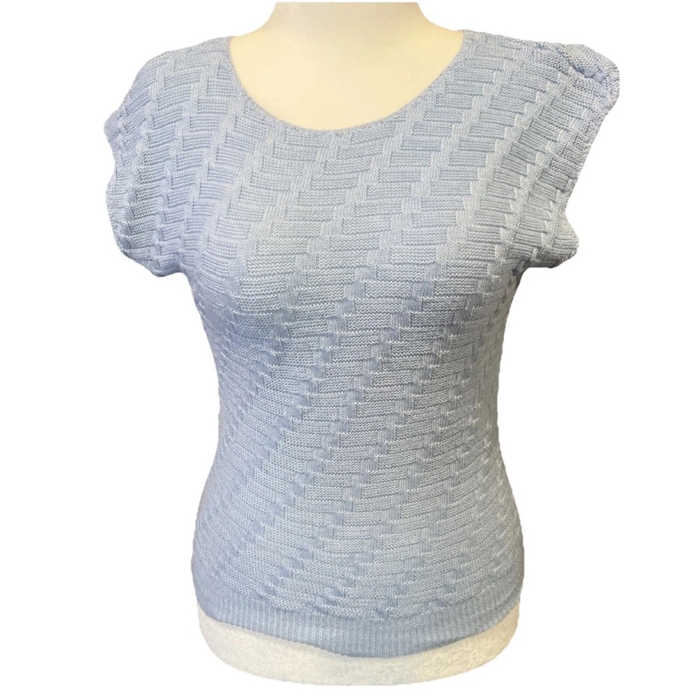 Vintage Baby Blue Textured Knit Top Short Sleeve Fitted Sweater M
